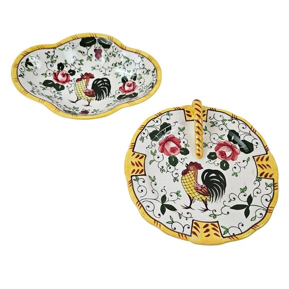 Early Provincial Hand Painted Ceramic Rooster Roses Lemon And Nut Dishes - Picture 1 of 10